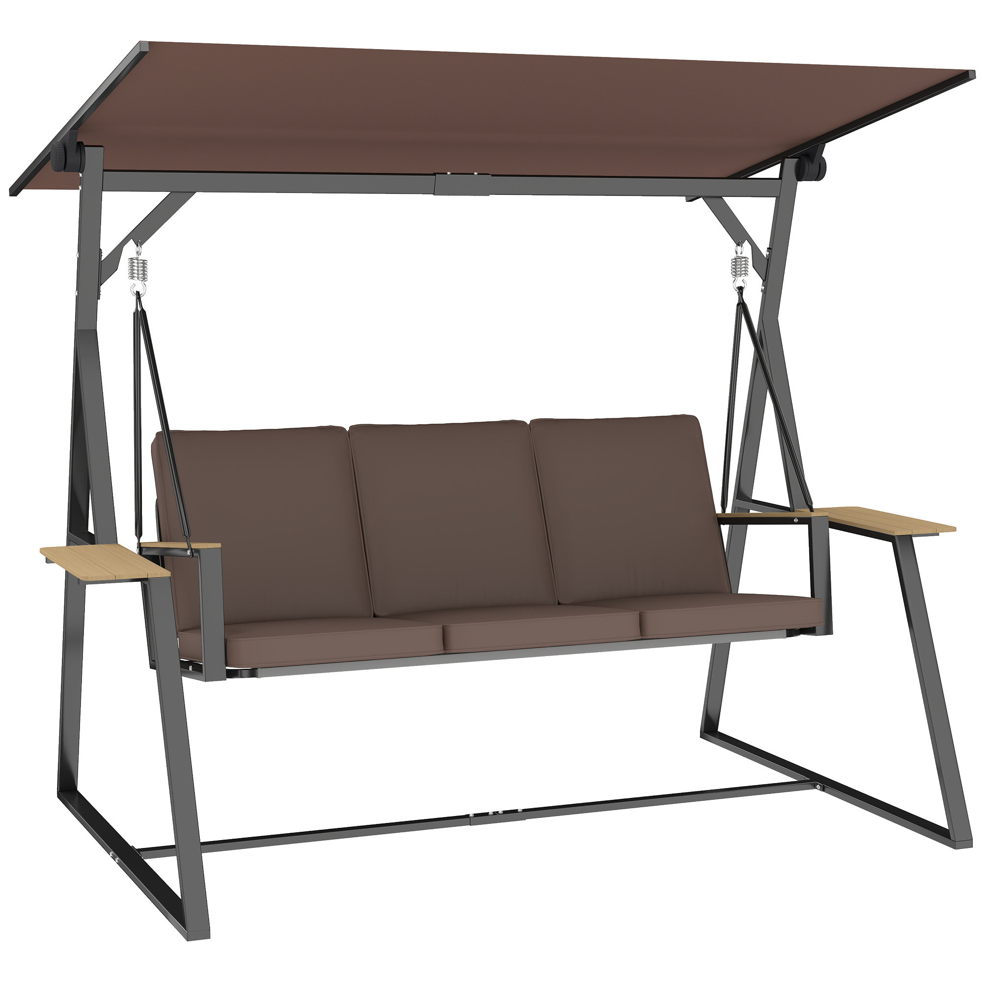 Columpio de Jardín de 3 Plazas, Balancín de Jardín Exterior con Techo Ajustable UPF50+, 2 Bandejas, Cojines y Marco de Metal, para Balcón, Terraza, Patio, Carga 360 kg, 222x131x175 cm, Marrón