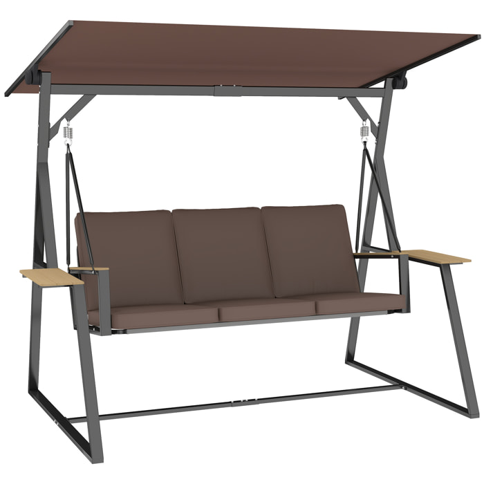 Columpio de Jardín de 3 Plazas, Balancín de Jardín Exterior con Techo Ajustable UPF50+, 2 Bandejas, Cojines y Marco de Metal, para Balcón, Terraza, Patio, Carga 360 kg, 222x131x175 cm, Marrón