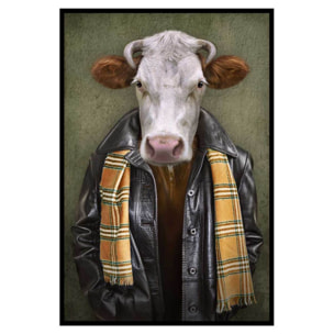 Affiche encadrée vache stylée avec veste et écharpe Affiche + cadre en métal - Noir