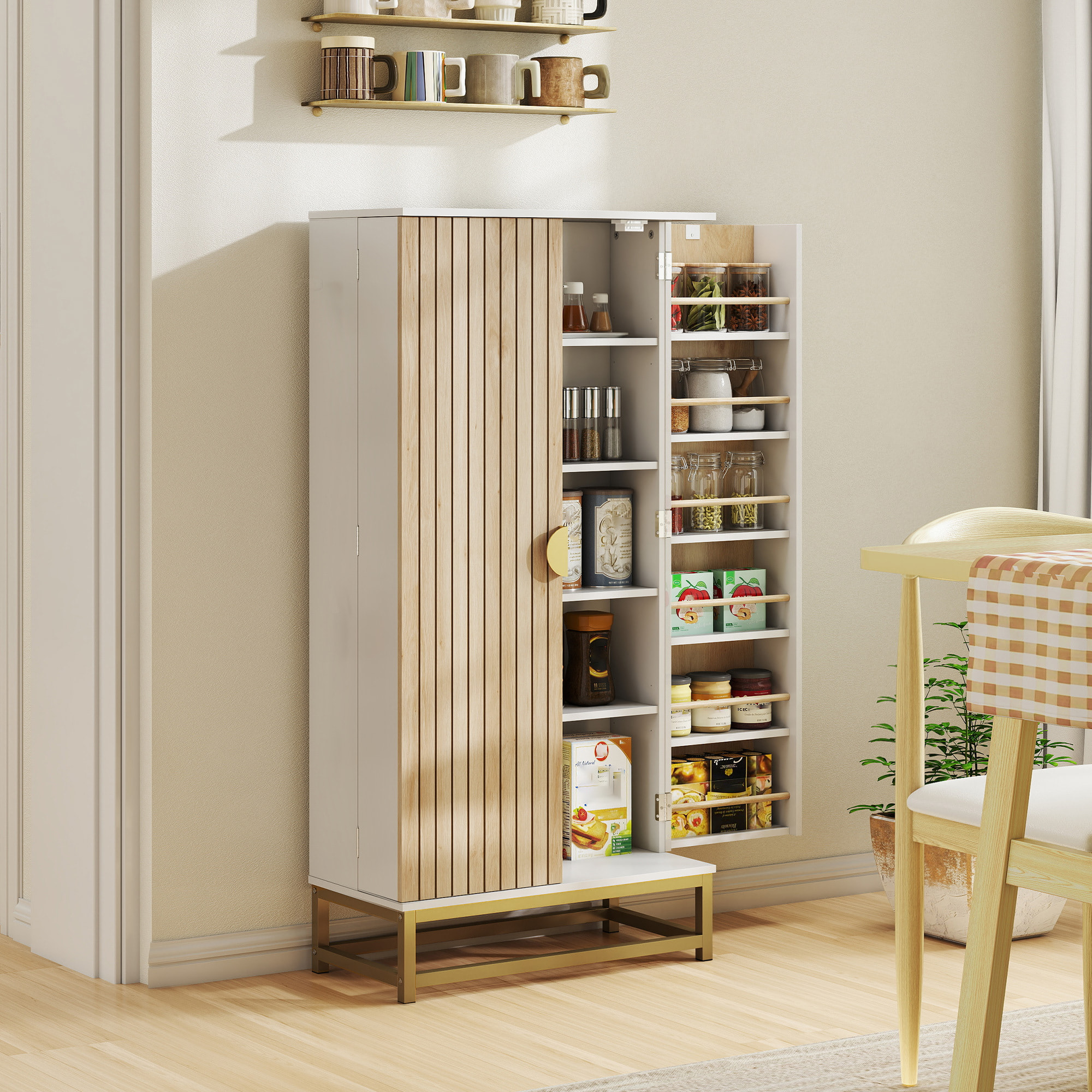 Armario de Cocina, Armario Despensa Cocina, con 2 Puertas con 12 Estantes, Alacena Moderna, con 5 Estantes Ajustables, Base de Acero, para Comedor, Salón, 58x29x119,5 cm, Blanco