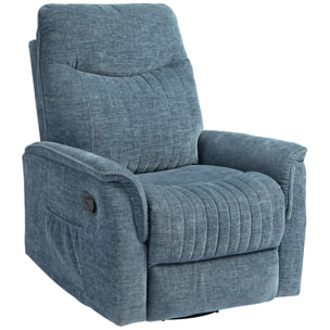 Fauteuil relax inclinable repose-pieds rétractable pivotant pochette rangement intégrée tissu bleu chiné