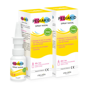 PEDIAKID - Spray Nasal - Solution saline naturelle - Décongestionne, Nettoie et Humidifie le Nez - Dès 1 an - Sans gaz propulseur - 20ml - Lot de 2