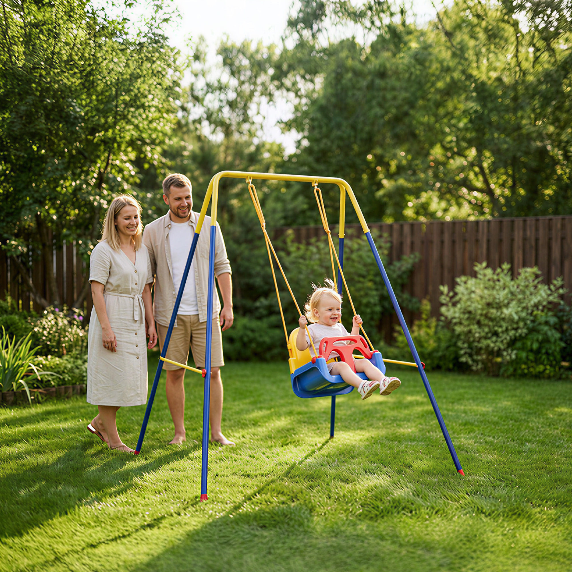 Estructura de Columpio Infantil Plegable, Estructura Metálica para 1 Columpio, con 2 Ganchos, 4 Estacas, Resistente para 50 kg, Forma A, para Interior y Exterior, 128x155x157 cm, Azul