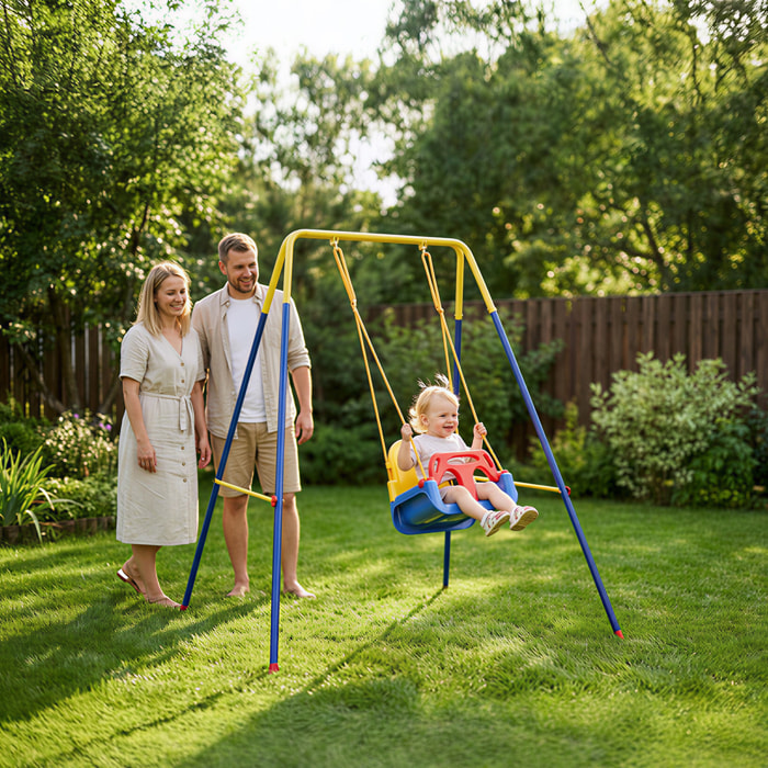 Estructura de Columpio Infantil Plegable, Estructura Metálica para 1 Columpio, con 2 Ganchos, 4 Estacas, Resistente para 50 kg, Forma A, para Interior y Exterior, 128x155x157 cm, Azul