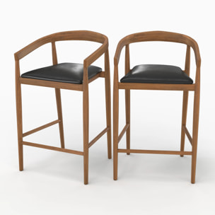 Lot de 2 chaises de bar 77 cm en teck vernis et assise en cuir noir - Bali