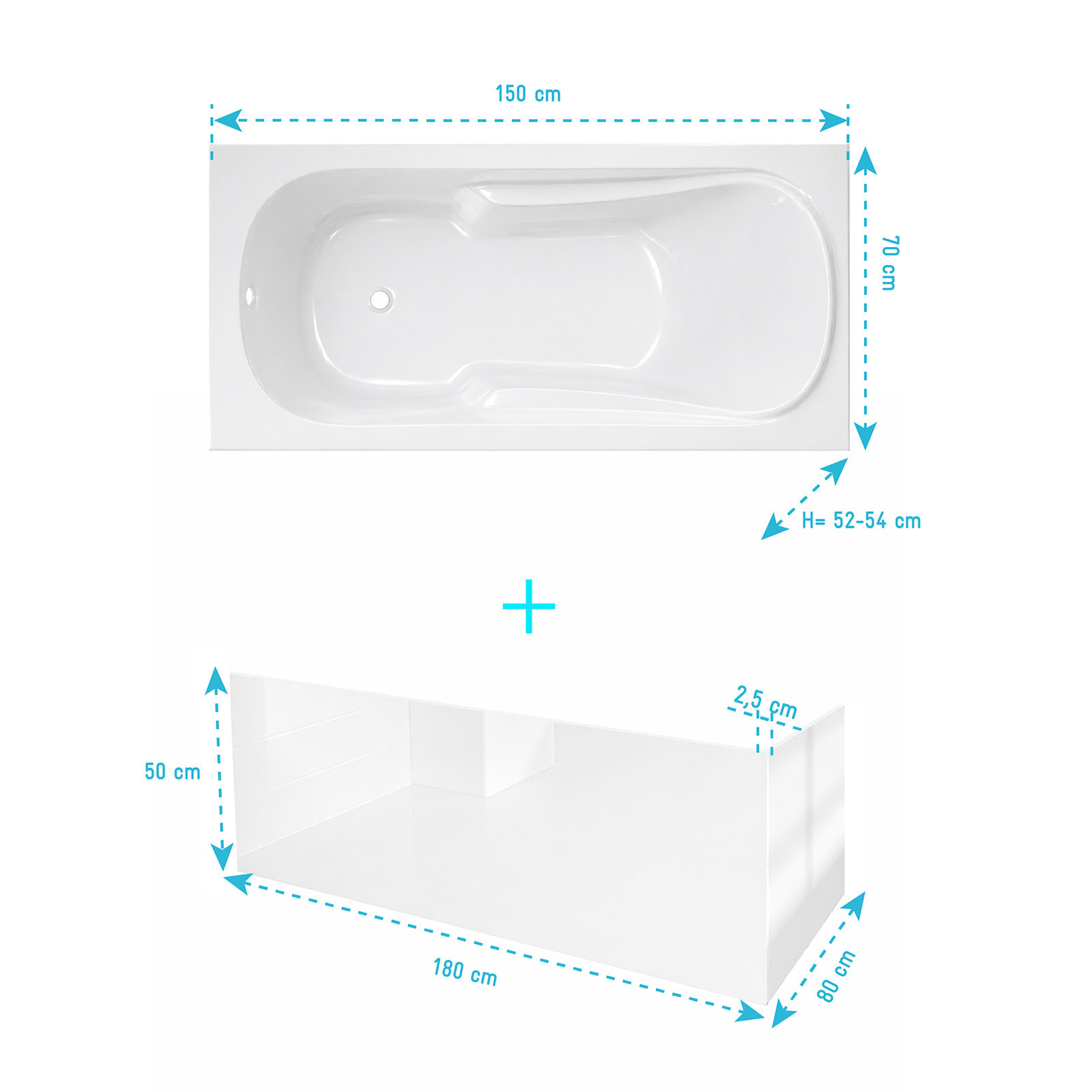 Pack Baignoire 150x70cm avec Tabliers recoupables 180cm et 80cm - Blanc Brillant - MAE