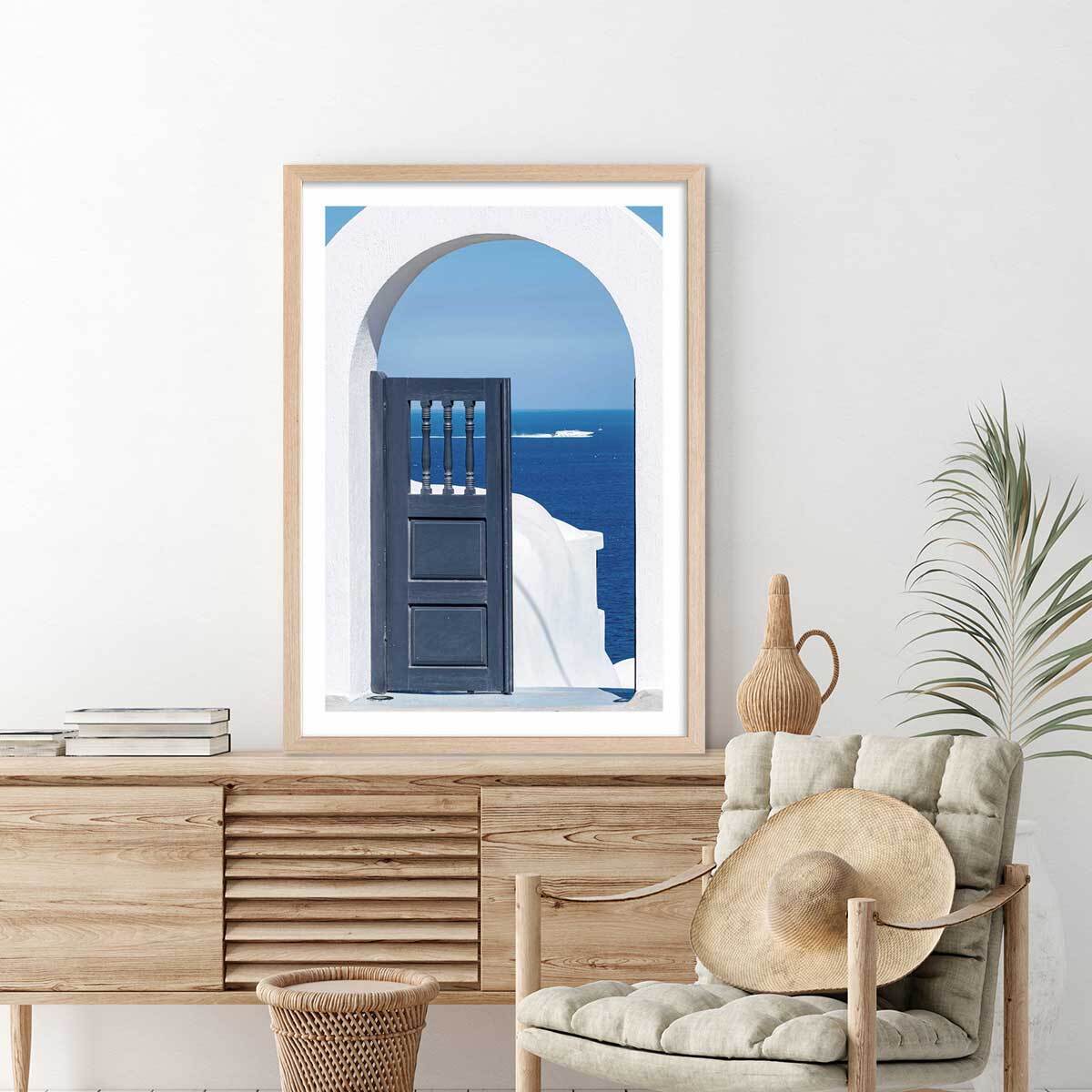 Poster porte bleue oia Affiche + cadre en bois - Chêne