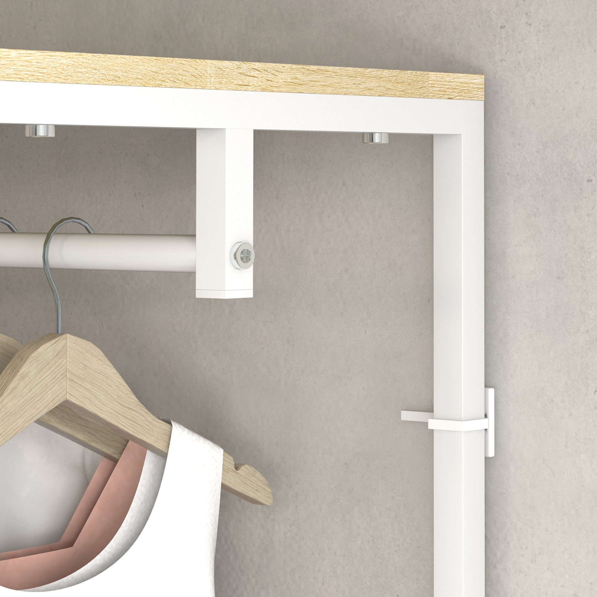 Penderie vestiaire d'entrée 2 étagères tringle acier blanc panneaux aspect bois clair