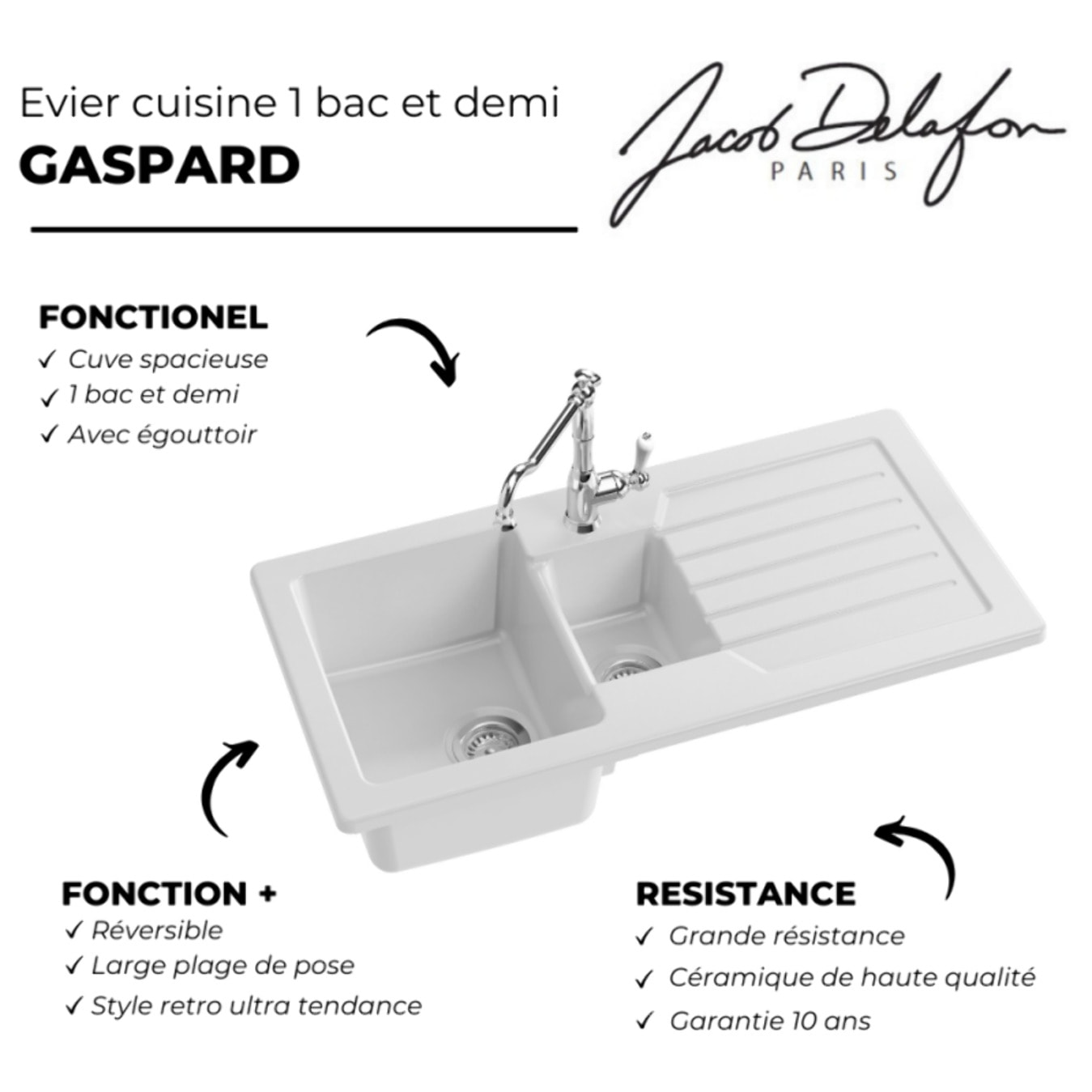 Evier à encastrer 1 bac et demi Gaspard