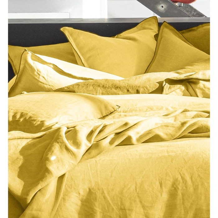 Housse de couette 100% lin lavé jaune paille