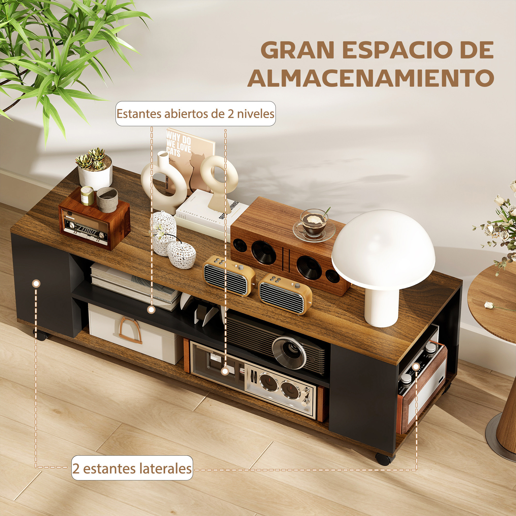 Mueble de TV con Ruedas, Mesa de TV Suspendido o de Pie, para Salón, con 4 Estantes Abiertos, para Televisión de 55 Pulgadas, Estilo Moderno, 120x40x38,5 cm, Nogal y Negro