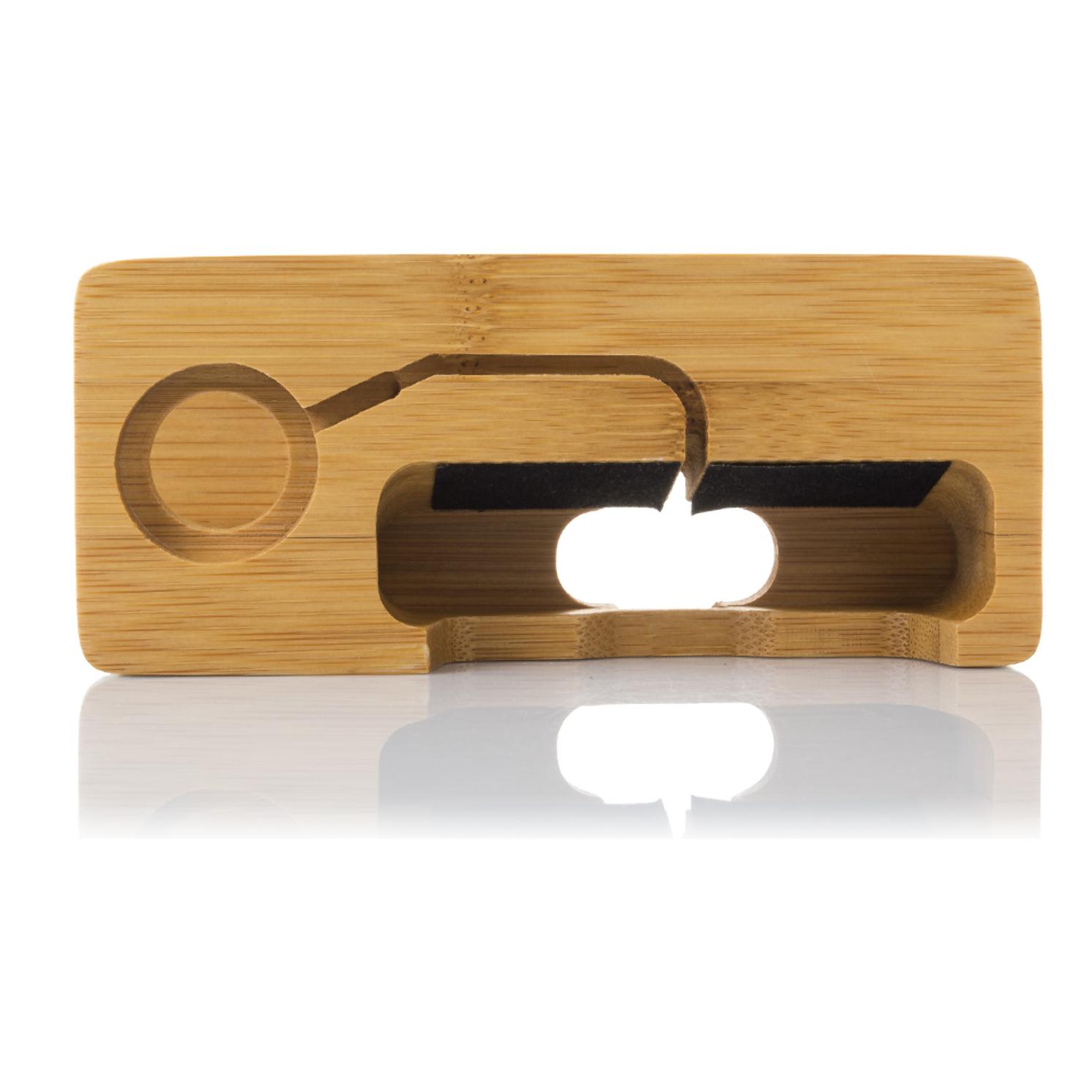 Soporte de madera para smartphone y iWatch, con organizador de cables.