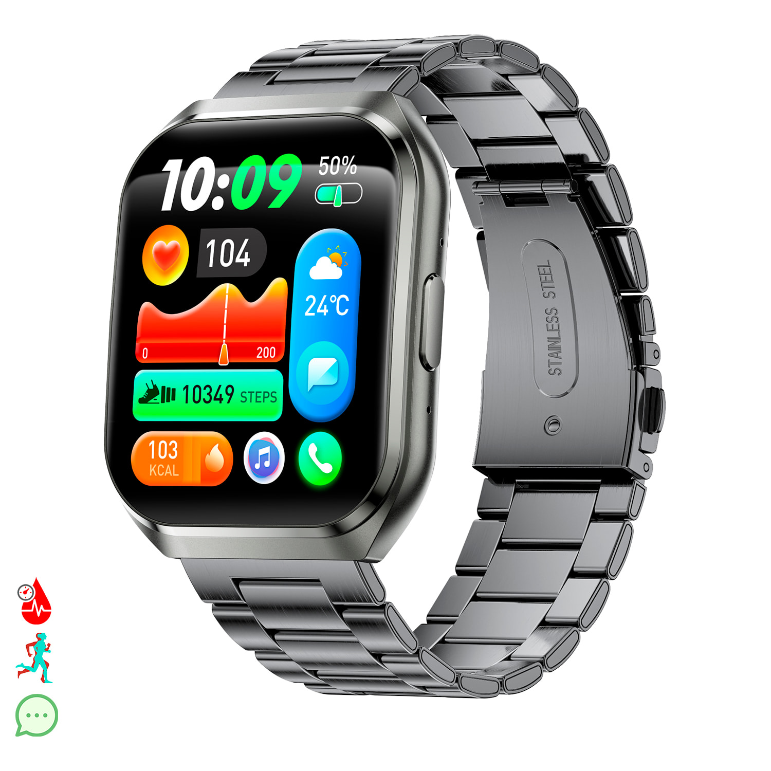 Smartwatch QS66. Schermo da 1,83" con batteria a lunga durata. Chiamate Bluetooth, assistente vocale, monitor della salute e più modalità sportive. Cinturino in metallo.