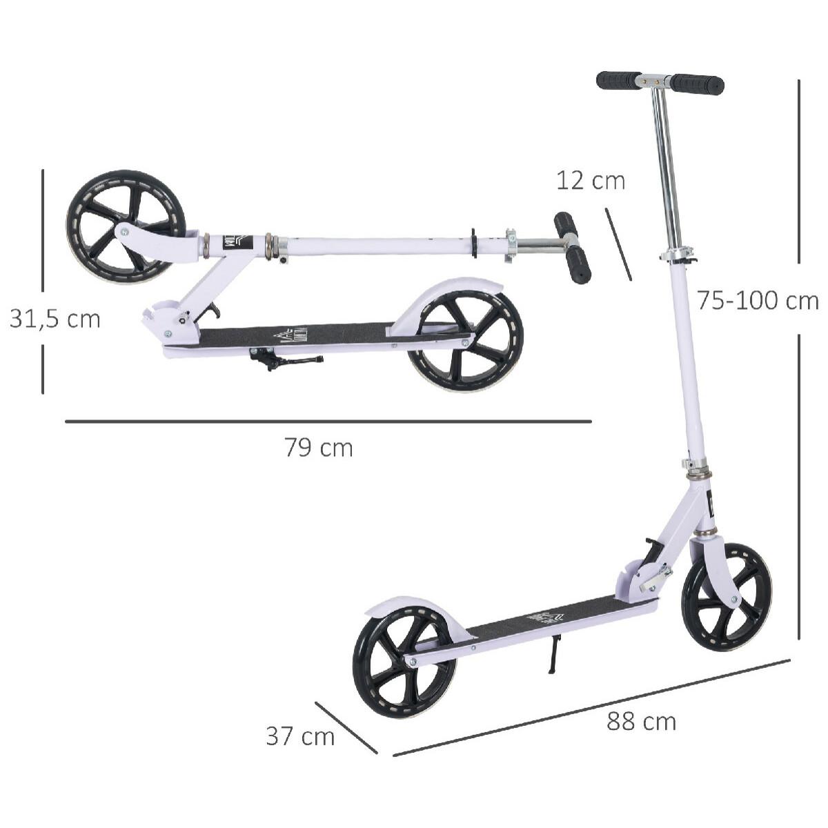 Trottinette pliable hauteur guidon réglable sur 4 niveaux système de freinage arrière blanc dim. 88L x 37l x 75-100H cm