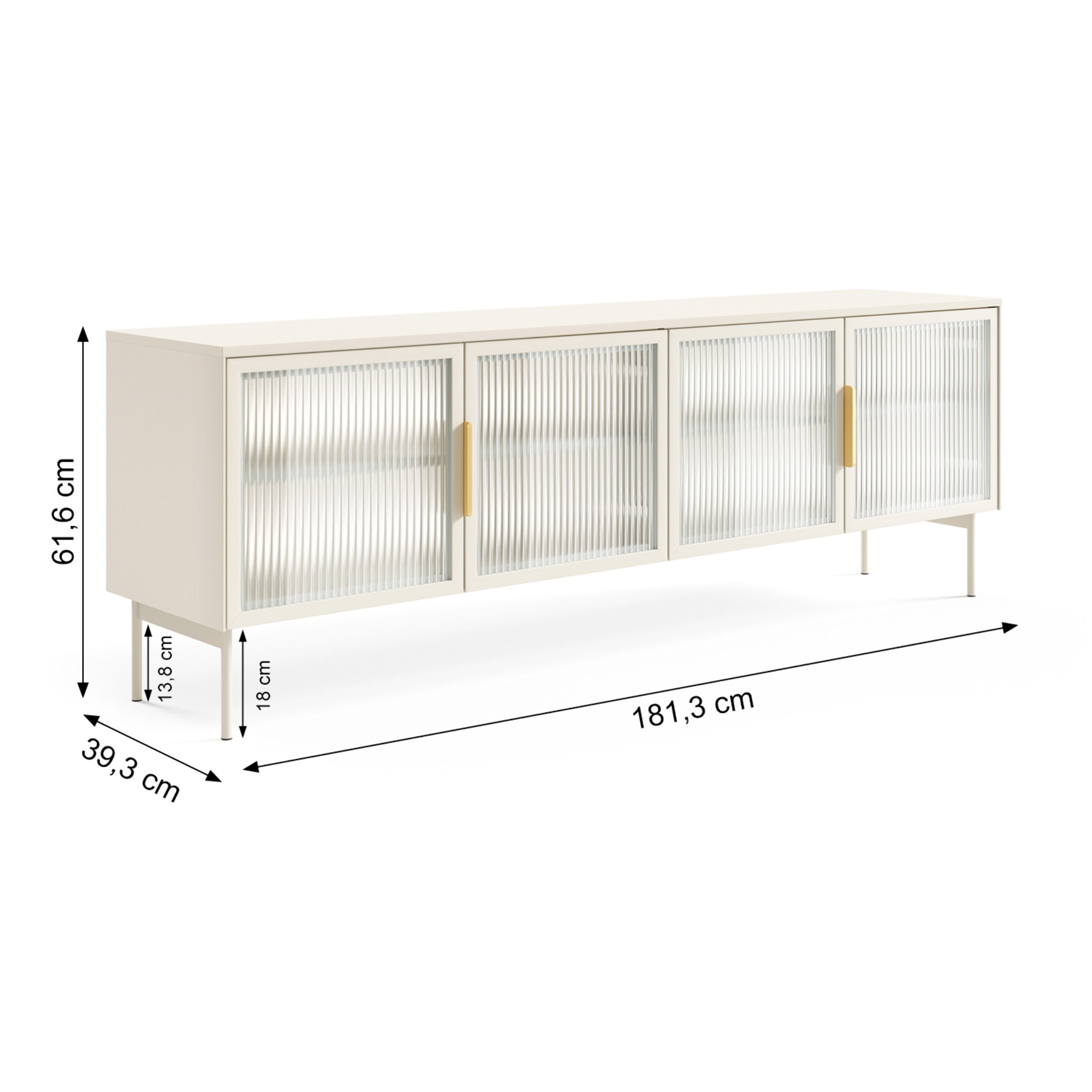 Mobile Tv elegante con 4 ante in vetro, ripiani interni e illuminazione LED integrata. Struttura resistente laminato 181.3 x 39.3 x 61.6 cm Cashmere