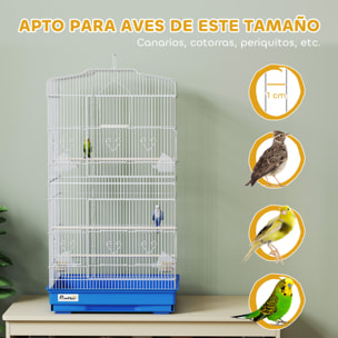 Jaula para Pájaros, Jaula de Metal para Pájaros con Puertas, 4 Comederos, 3 Perchas, Columpio, Bandeja Extraíble y Asa de Transporte, para Loro, Canario, Periquito, 46,5x35,5x92 cm, Azul