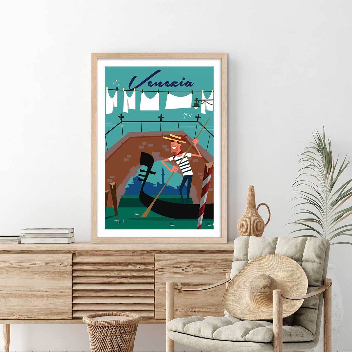 Affiche Gondole à Venise Affiche + cadre en bois - Chêne
