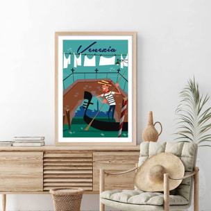 Affiche Gondole à Venise Affiche + cadre en bois - Chêne