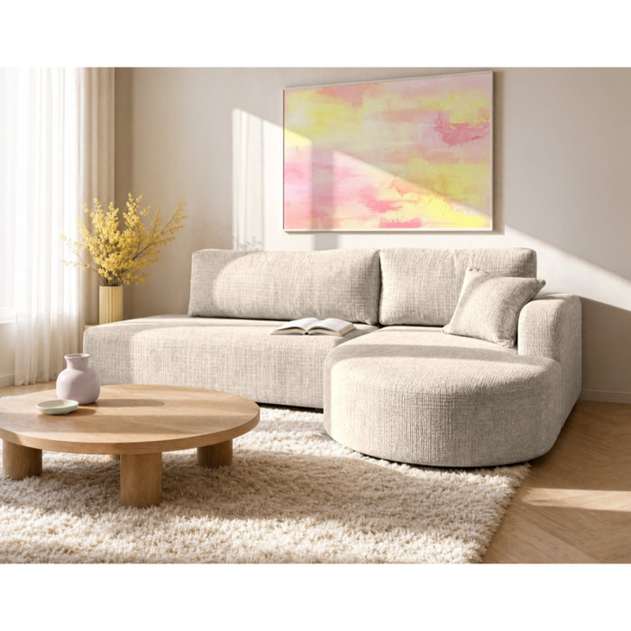 Miro - Canapé d'angle droit 4 places convertible avec coffre en velours texturé - Beige