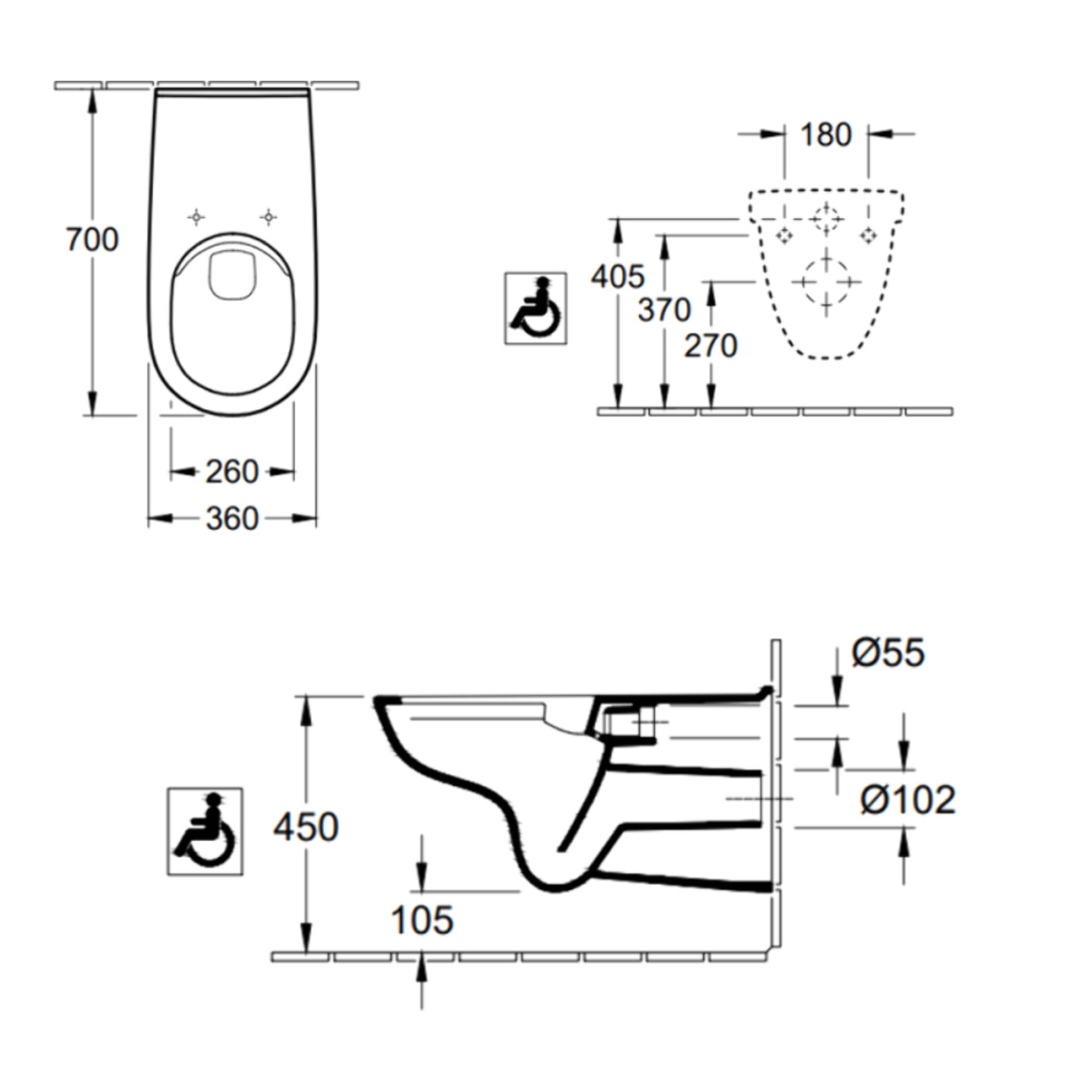 Cuvette WC suspendu PMR sans bride VILLEROY & BOCH ViCare blanc + Abattant WC amovible frein de chute