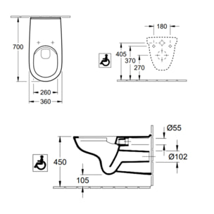 Cuvette WC suspendu PMR sans bride VILLEROY & BOCH ViCare blanc + Abattant WC amovible frein de chute