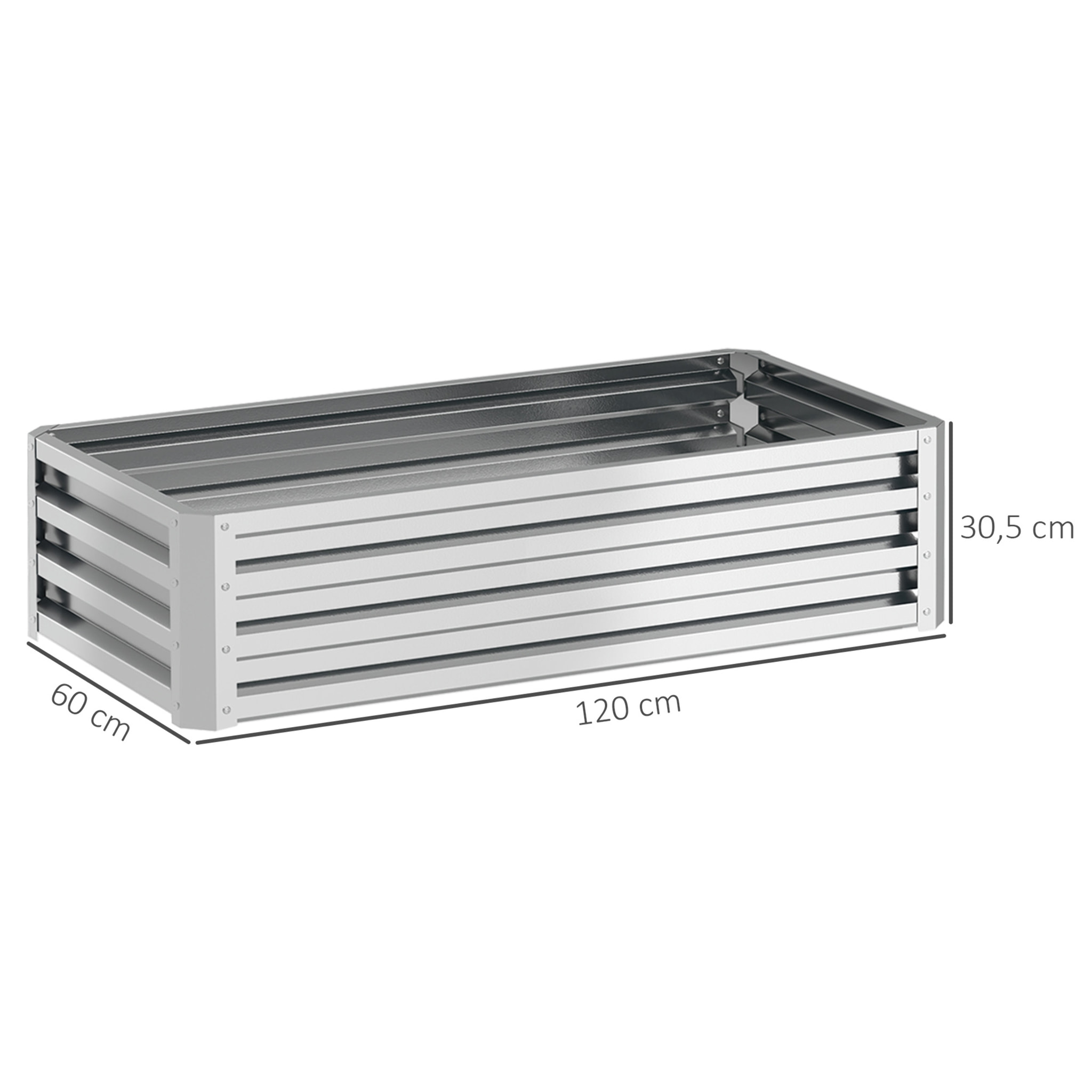 Jardinera Exterior Grande de Acero Galvanizado, Huerto Urbano Elevado para Cultivar Plantas, Flores, Hierba, Macetero Exterior Rectangular con Fondo Abierto, 120x60x30,5 cm, Plata