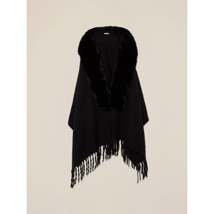 Oltre - Poncho con flecos y borde de peluche - Negro