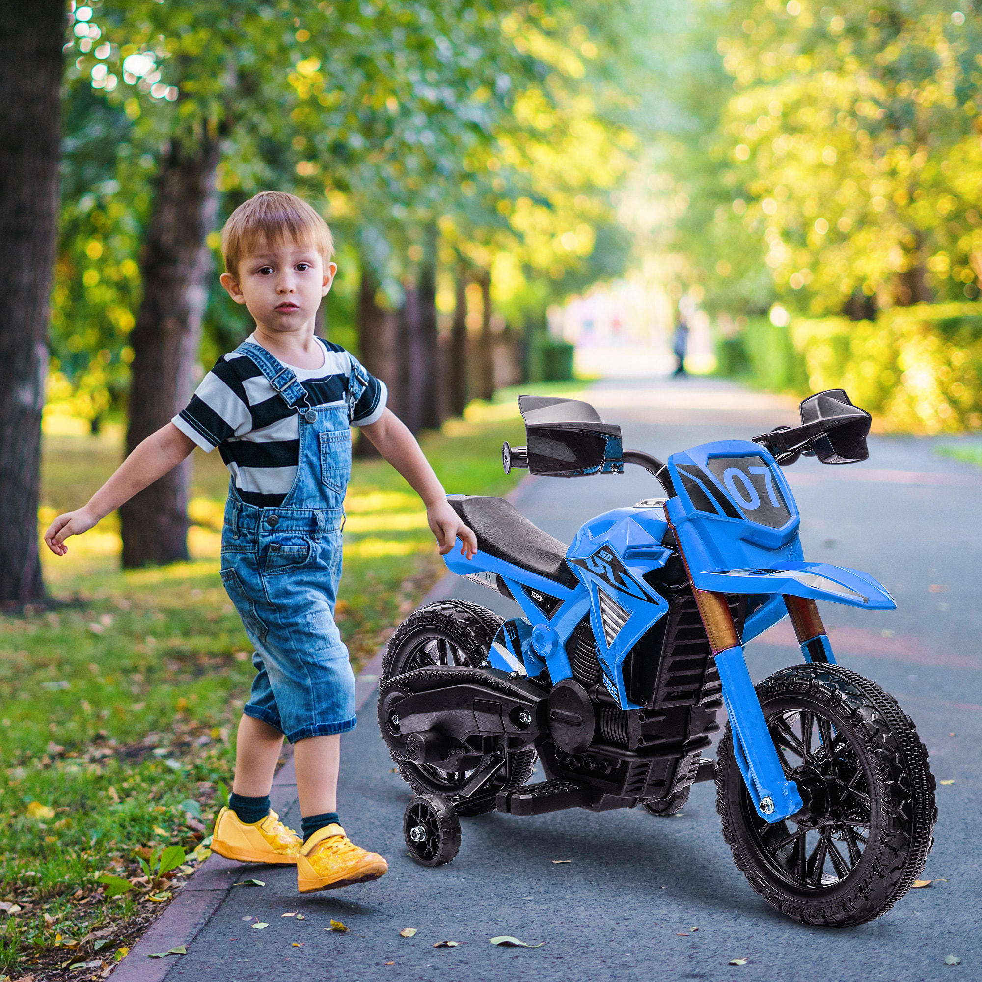 Moto Eléctrica para Niños de +3 Años Moto de Batería 12V para Niños con Ruedas de Entrenamiento Acelerador en Puño y Bocina Carga 30 kg Azul