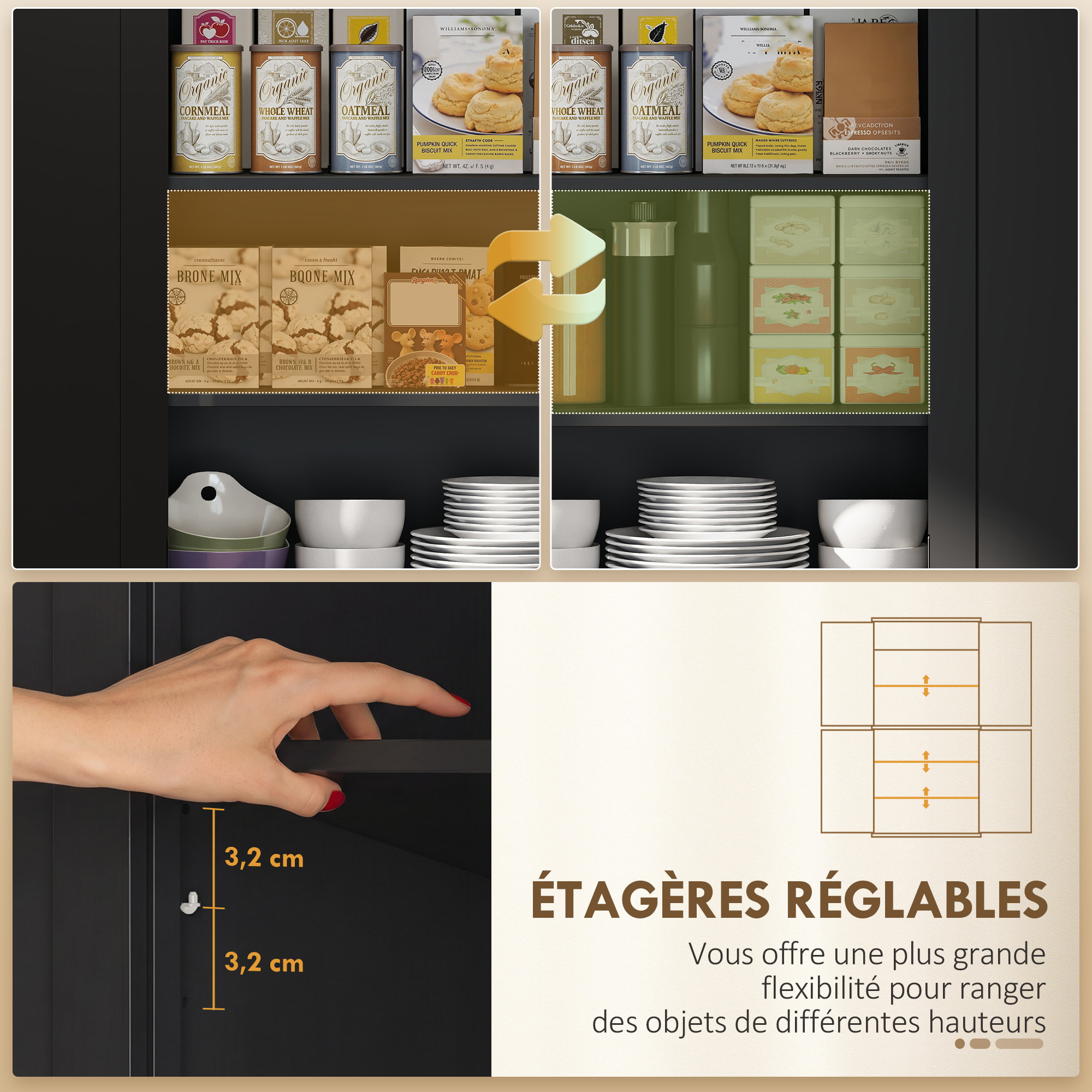 Buffet haut multi-rangement - 4 portes, grand tiroir - dim. 76L x 40l x 183H cm - noir