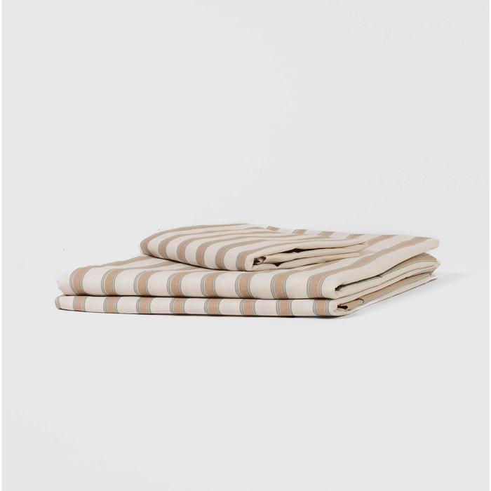 Juego de sábanas de algodón raya sit beige/verde