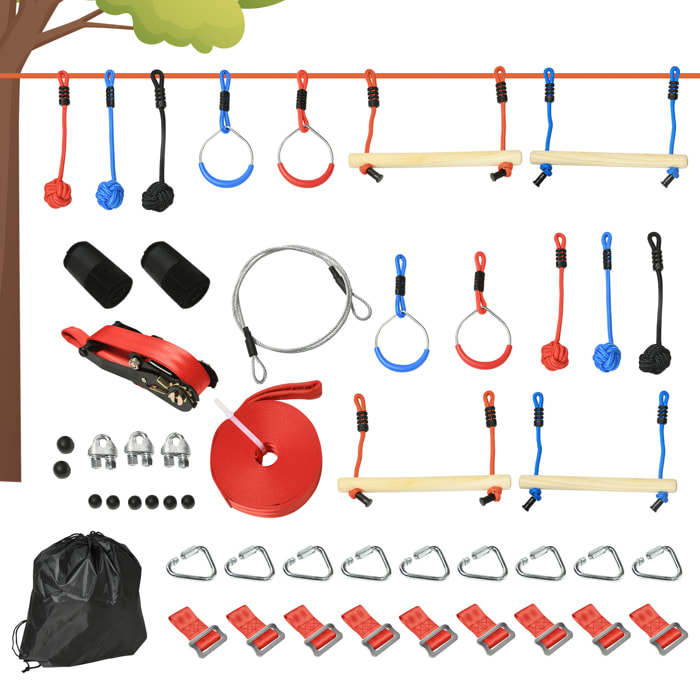 Parcours d'obstacles ninja enfant - 30 accessoires, 10 m de slackline - sac de transport - bleu rouge