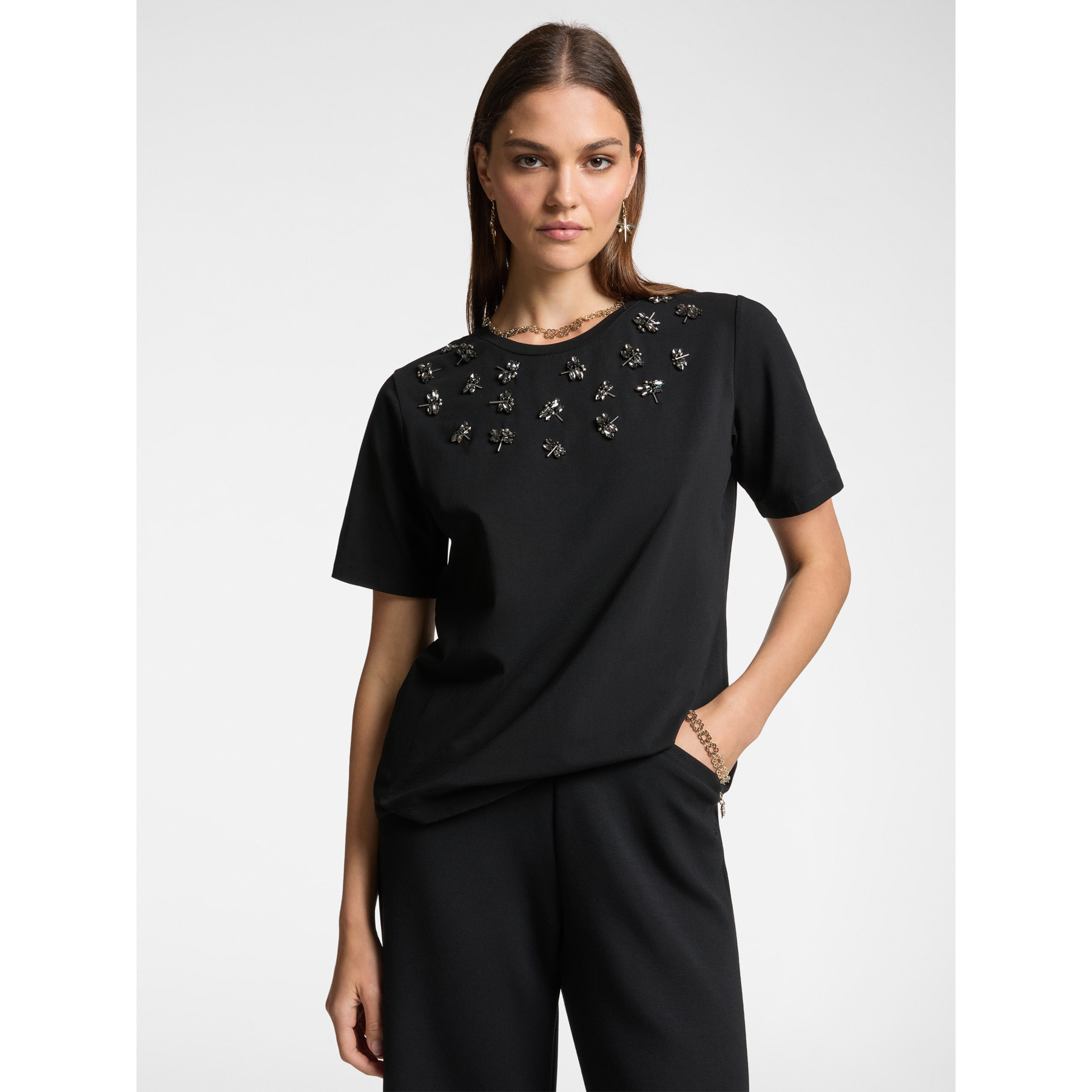 Elena Mirò - T-shirt con ricamo libellule - Nero