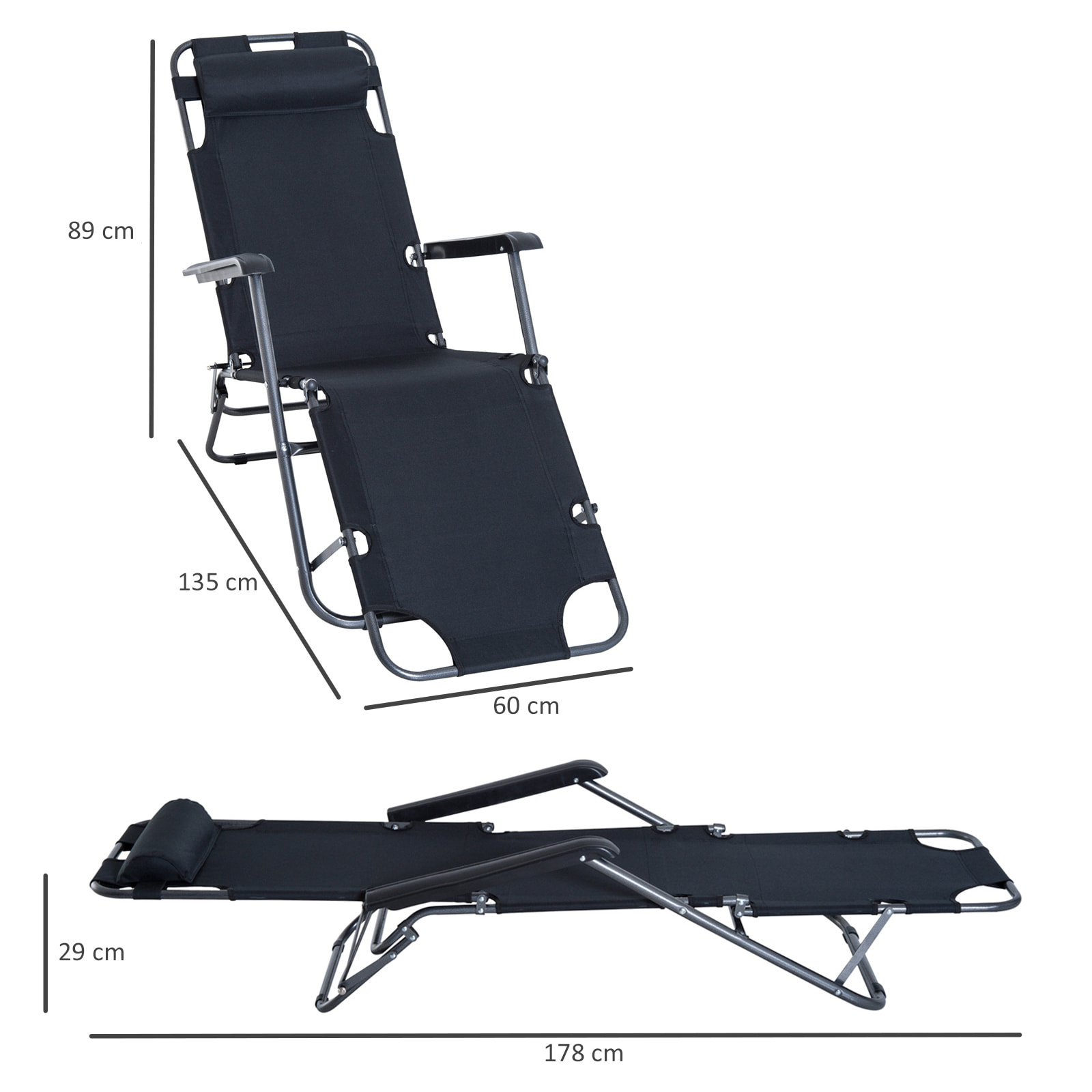 Outsunny Chaise longue pliable bain de soleil transat de relaxation dossier inclinable avec repose-pied polyester oxford noir