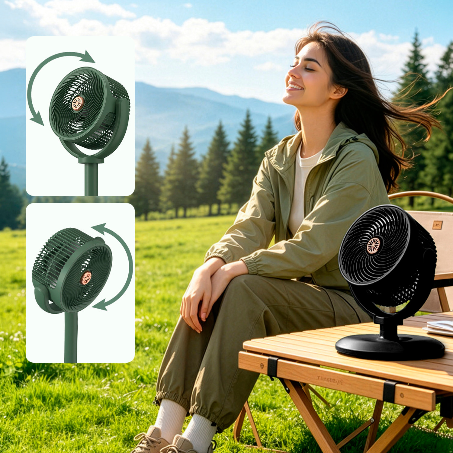 Ventilador para exteriores F32. Con 5 velocidades y 4 alturas. Batería de larga duración con función powerbank. Incluye panel solar y lámpara LED.