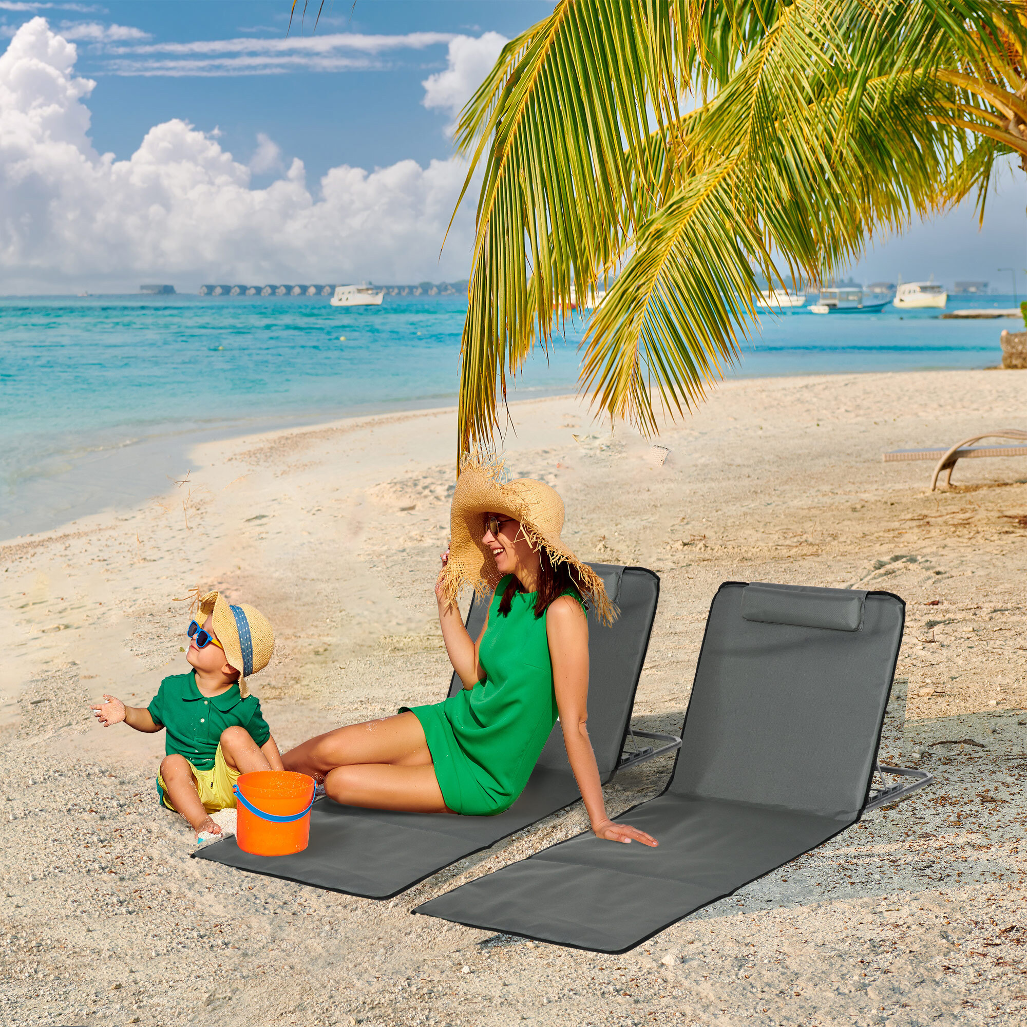 Lot de 2 tapis de plage rembourrés - dossier inclinable 5 positions - sac transport inclus - acier polyester gris