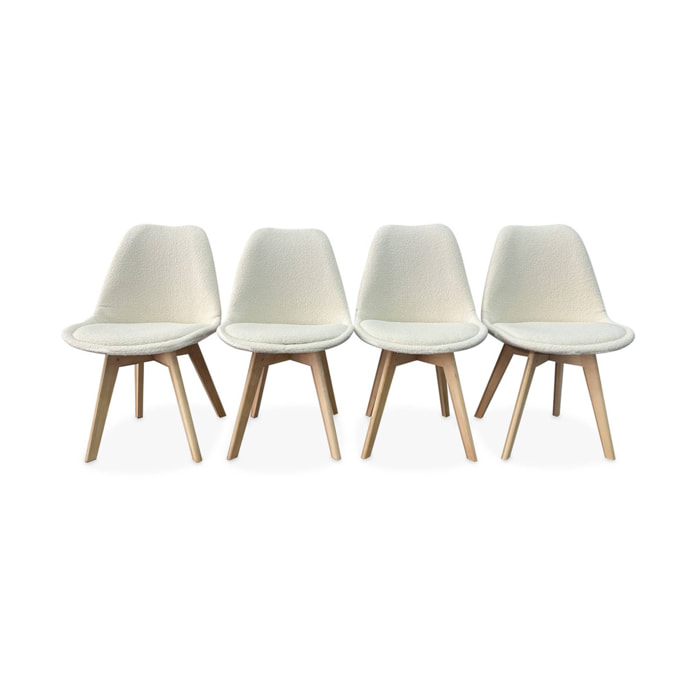 Lot de 4 chaises scandinaves NILS revêtement bouclette blanche. pieds bois de hêtre. chaise 1 place