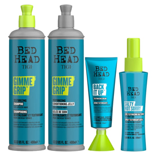 TIGI Kit Bed Head Gimme Grip Champú 400ml + Acondicionador 400ml + Crema Texturizante 125ml + Salado Not Sorry 100ml