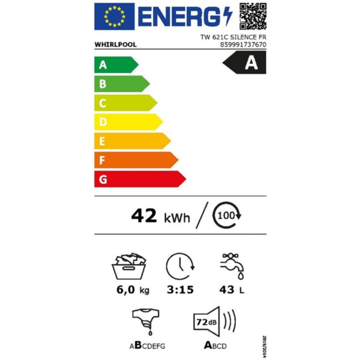 Lave linge top WHIRLPOOL TW621CSILENCEFR - 6 kg - 1200 tr/min - Classe A - Moteur induction - Connecté WiFi
