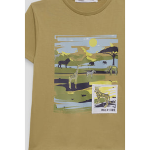Camiseta Niño Color Tierra con Estampado de Safari y Animales, 100% Algodón | Color: Tierra | Street Monkey