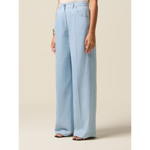 Oltre - Pantaloni palazzo in tencel effetto denim - Azzurro