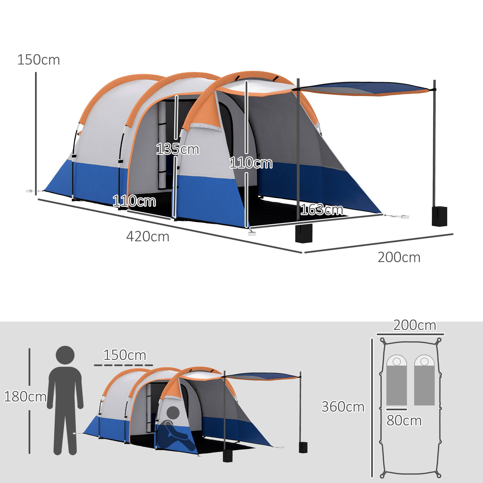Tente de camping 2-3 pers. porche étanche 2000 mm 3 portes sac de transport orange