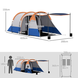 Tente de camping 2-3 pers. porche étanche 2000 mm 3 portes sac de transport orange