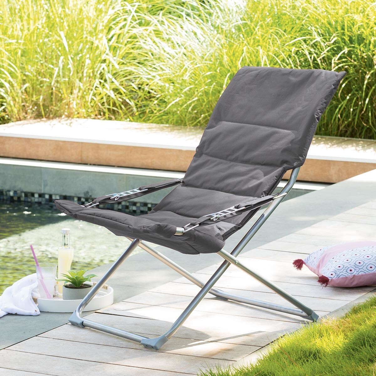 Fauteuil relax de jardin "Milos" ardoise en acier traité époxy et polyester matelassé
