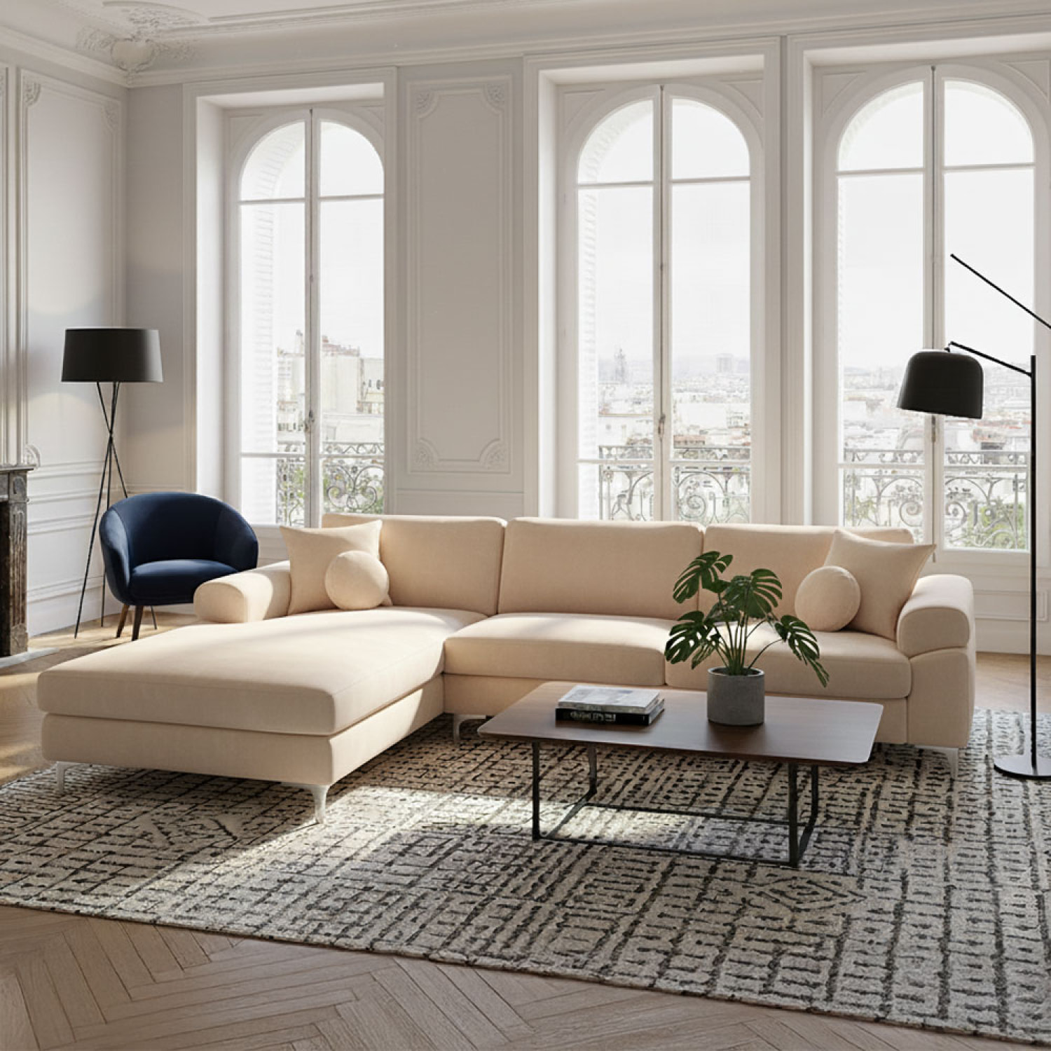 Canapé d'angle gauche 4-5 places en velours beige SOUTH