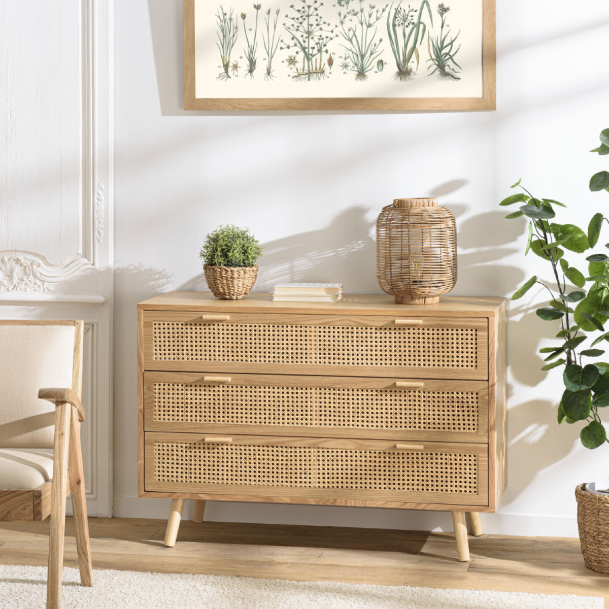 ROMEO - Commode couleur naturel 3 tiroirs cannage