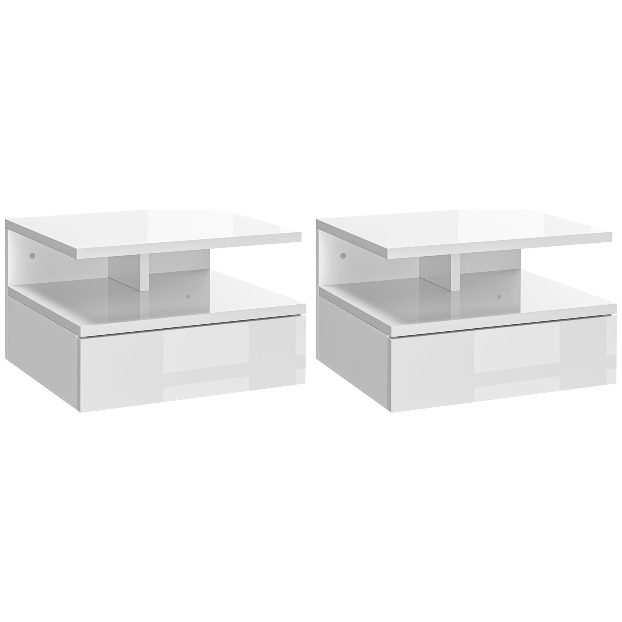 Juego de 2 Mesitas de Noche Flotantes Mesitas de Noche Colgantes con 1 Cajón y Estante Abierto para Dormitorio 35x32x22,5 cm Blanco Brillo