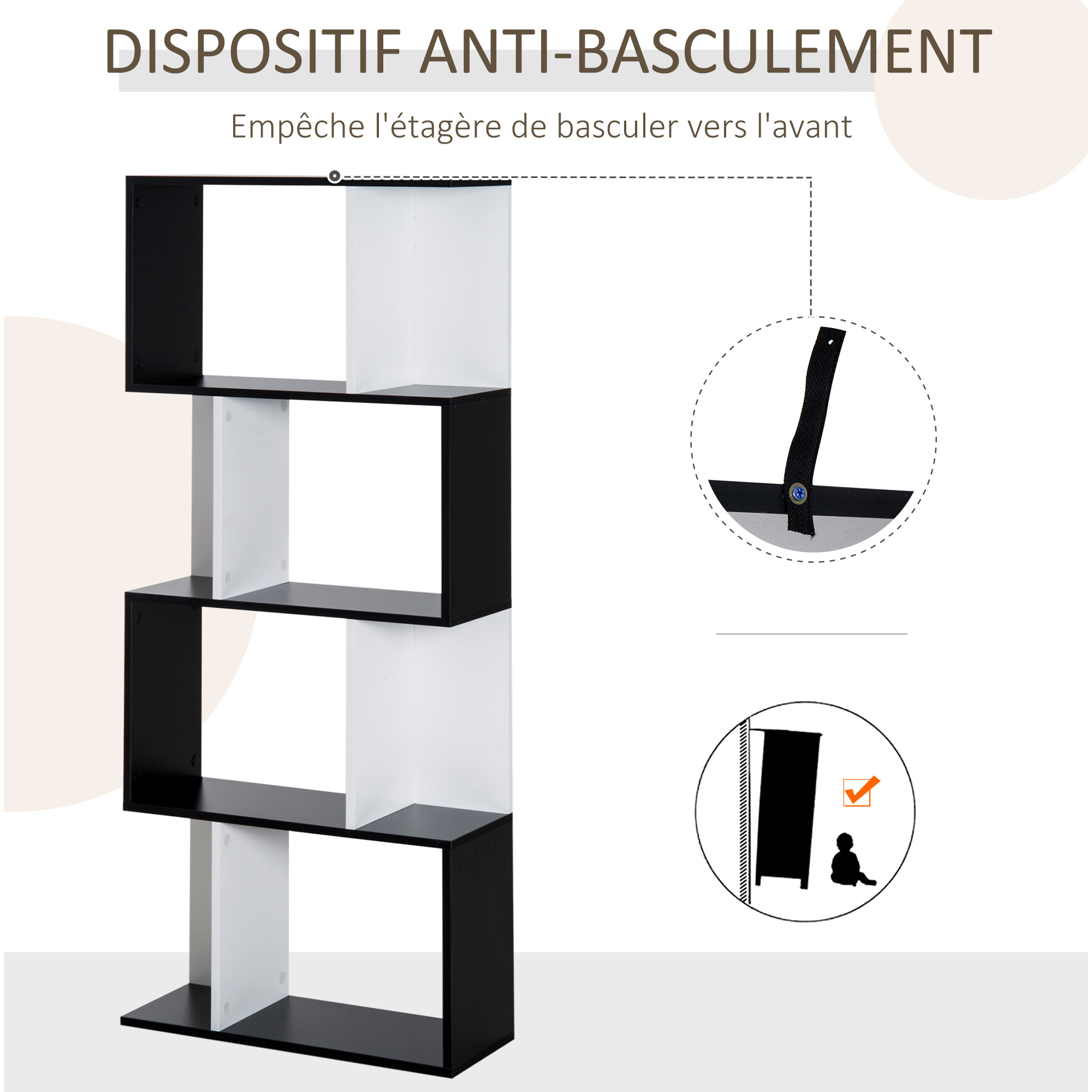 Bibliothèque étagère meuble de rangement design contemporain en S 4 étagères 60L x 24l x 148H cm noir blanc