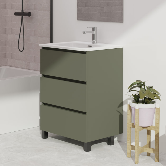 Conjunto de baño Wink | 60 cm Verde Musgo | Tres cajones | Lavabo encastrado | No incluye espejo | Mueble montado | Alday