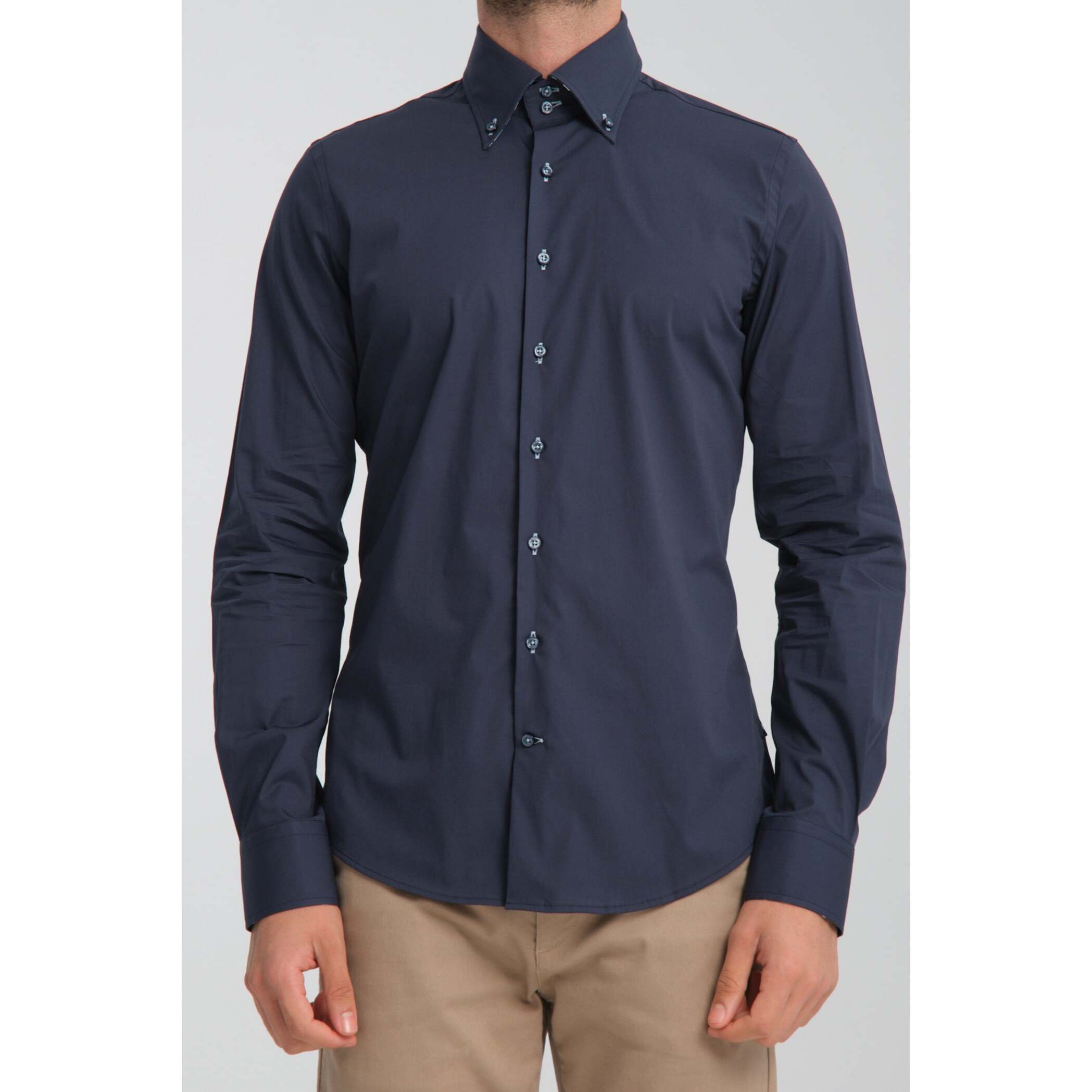 Camicia Uomo 2 Bottoni Button Down Slim Popeline Stretch Unito Blu