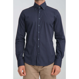 Camicia Uomo 2 Bottoni Button Down Slim Popeline Stretch Unito Blu